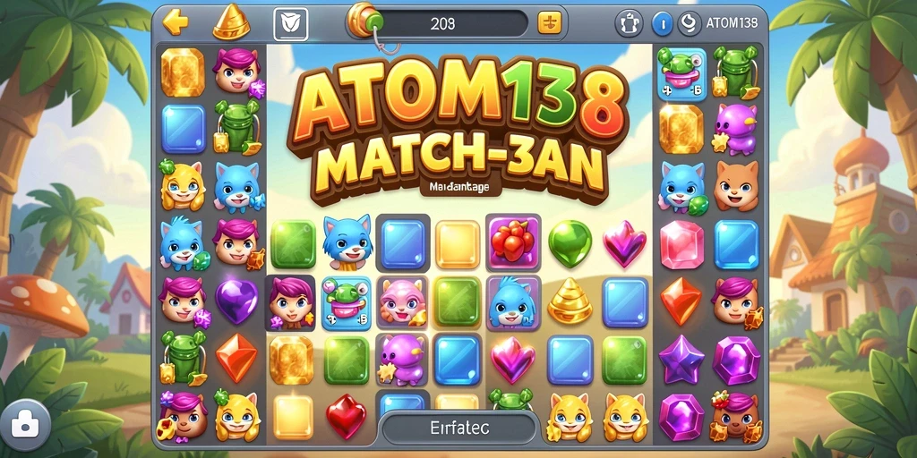 Tampilan gameplay seru ATOM138 dengan grafis menawan dan tantangan Match-3.