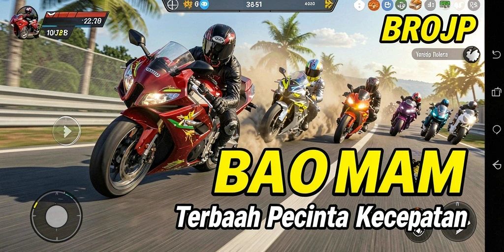Screenshot utama BROJP menunjukkan aksi balap motor yang mendebarkan.