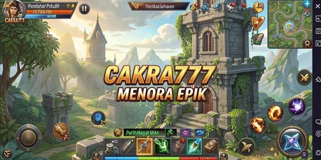 Screenshot gameplay CAKRA777 menampilkan menara yang menakjubkan dan serangan musuh.
