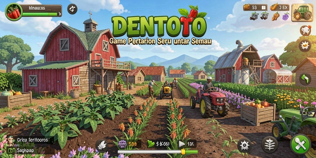 Tampilan gameplay DENTOTO yang menunjukkan aktivitas pertanian seru.