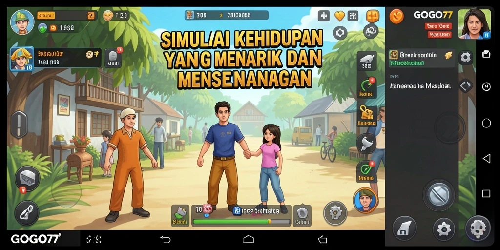 Screenshot GOGO77 menampilkan karakter dalam suasana permainan simulasi yang hidup.