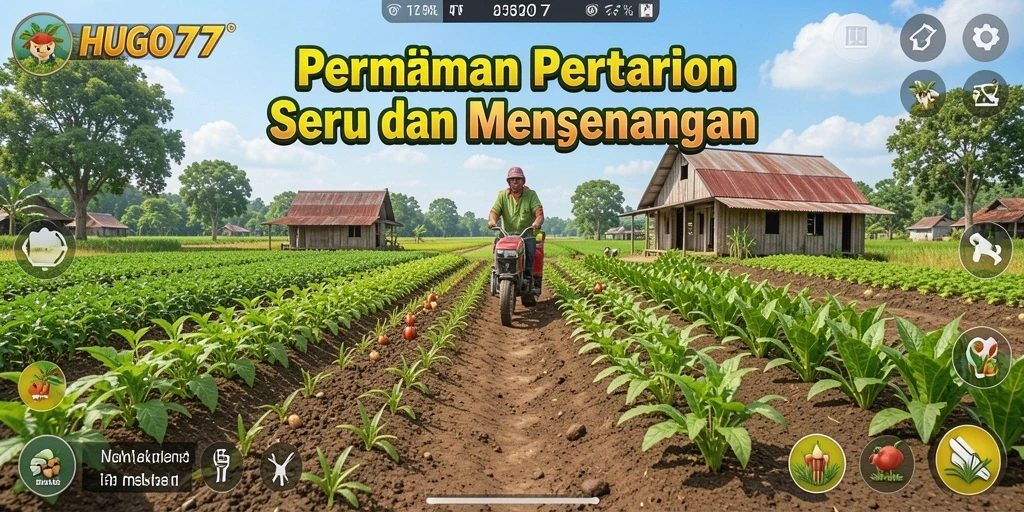 Tampilan menarik dari gameplay pertanian HUGO77 yang penuh warna.
