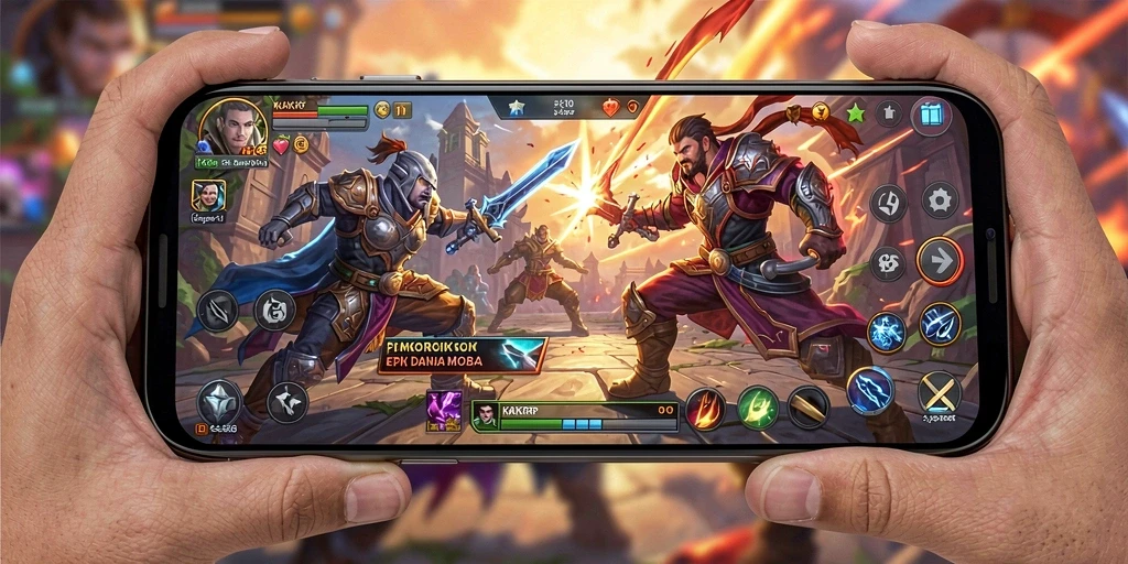 Screenshot gameplay KAKRP yang menunjukkan pertempuran seru di arena MOBA.