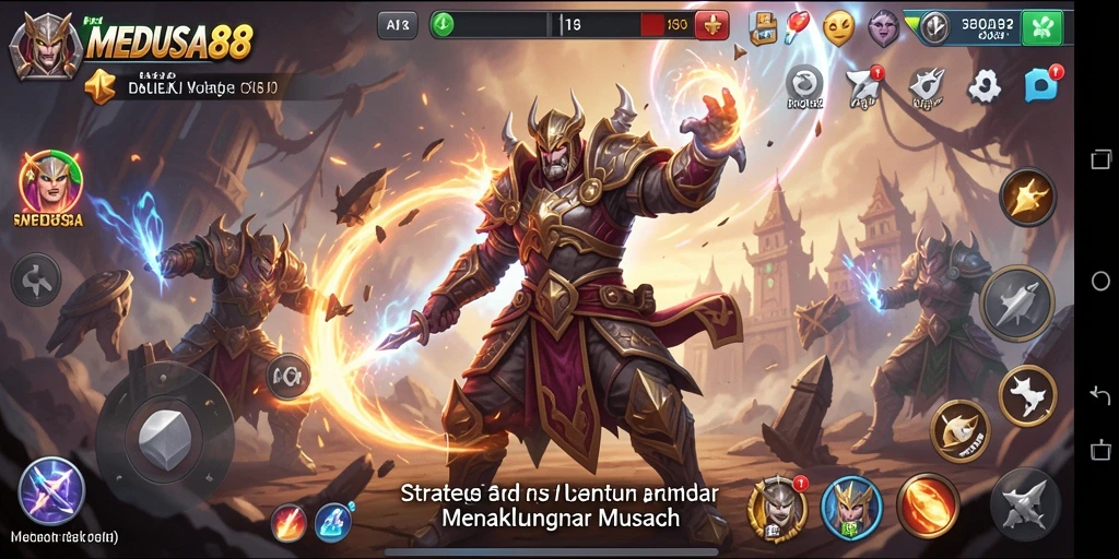 Tangkapan layar gameplay MEDUSA88 yang menunjukkan pertempuran strategi intens.