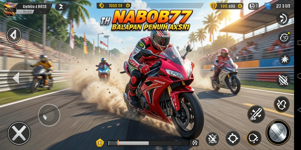 Tampilan gameplay menegangkan di NABOB77 dengan aksi balapan motor.