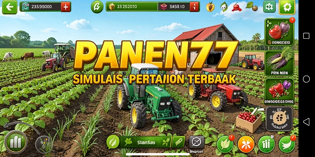 Screenshot PANEN77 menampilkan aktivitas pertanian yang menyenangkan dan interaksi sosial.