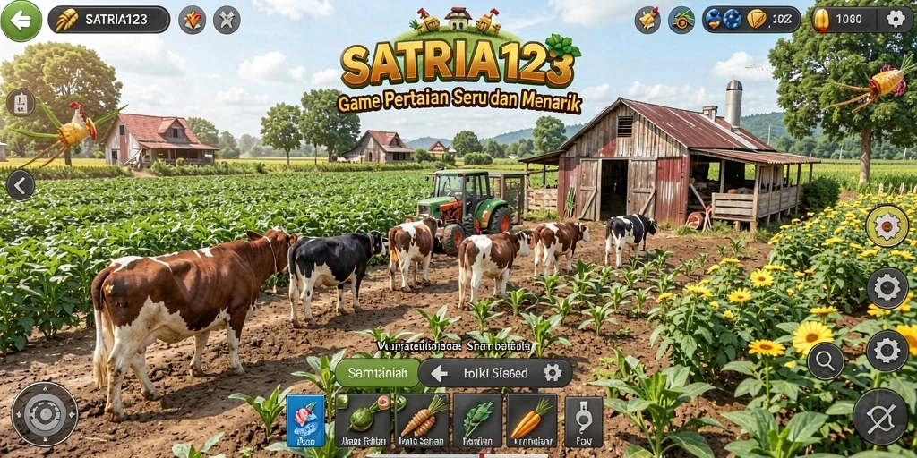 Tangkapan layar gameplay SATRIA123 dengan aktivitas pertanian yang seru.