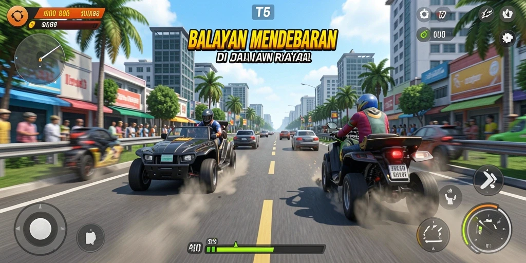 Screenshot T6 menunjukkan aksi balapan yang seru dan penuh adrenalin.